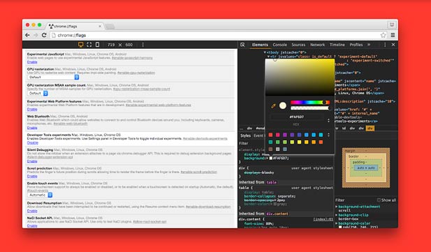 Возможность включения тёмного оформления инструментов для разработчиков (в настройках DevTools нужно нажать F1 и выбрать тему "Dark");